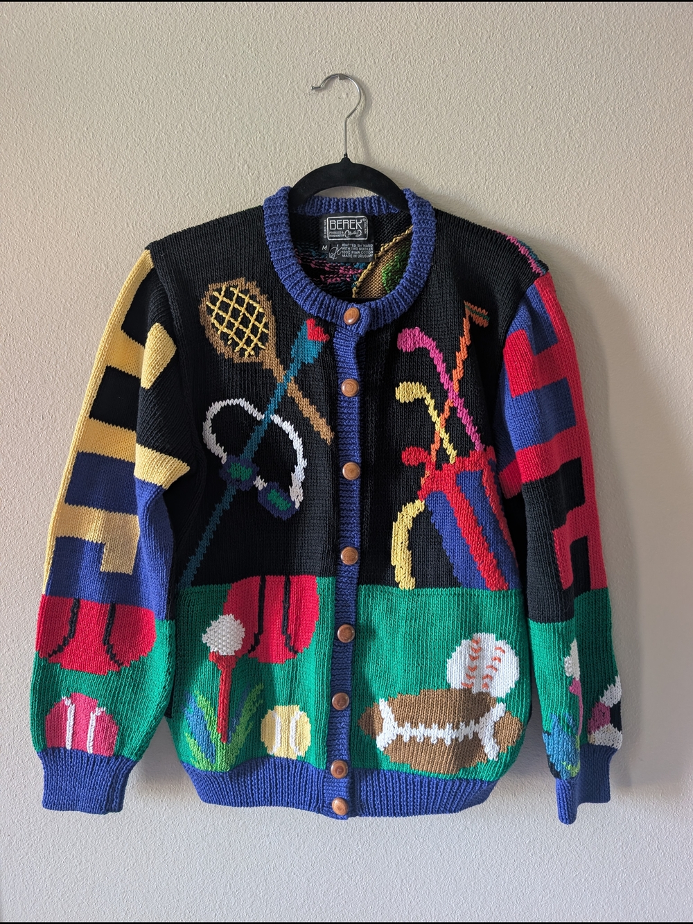 Rare Berek 1989 Vintage Sports Patterned Knit Cardigan Sweater - Picture 1 of 9